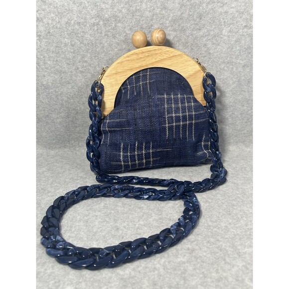 Pushi Blue Tweed Timber Handle Frame Clutch Detachable Strap Magnetic Closure - Picture 5 of 16